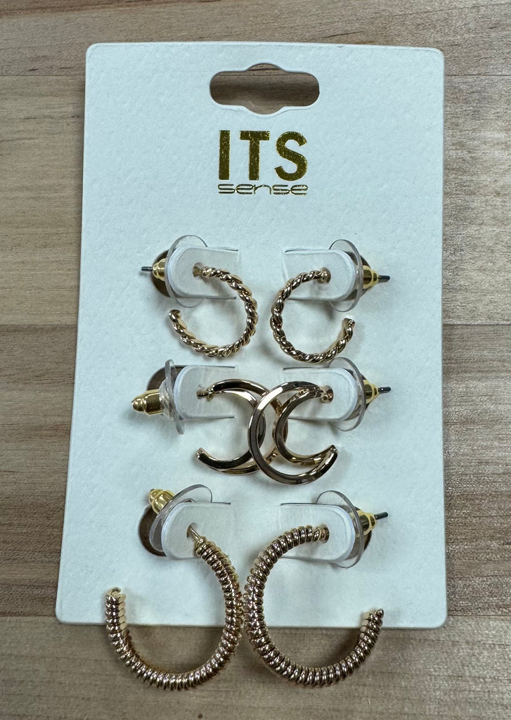 Set of 3 Textured Gold Hoop Earrings