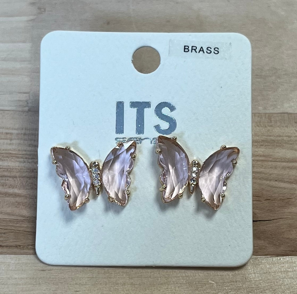 Glass Pink Crystal .5” Butterfly Stud Earrings